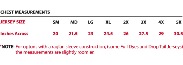 Rover's standards or specifications for our custom Jerseys and Shirts sizes